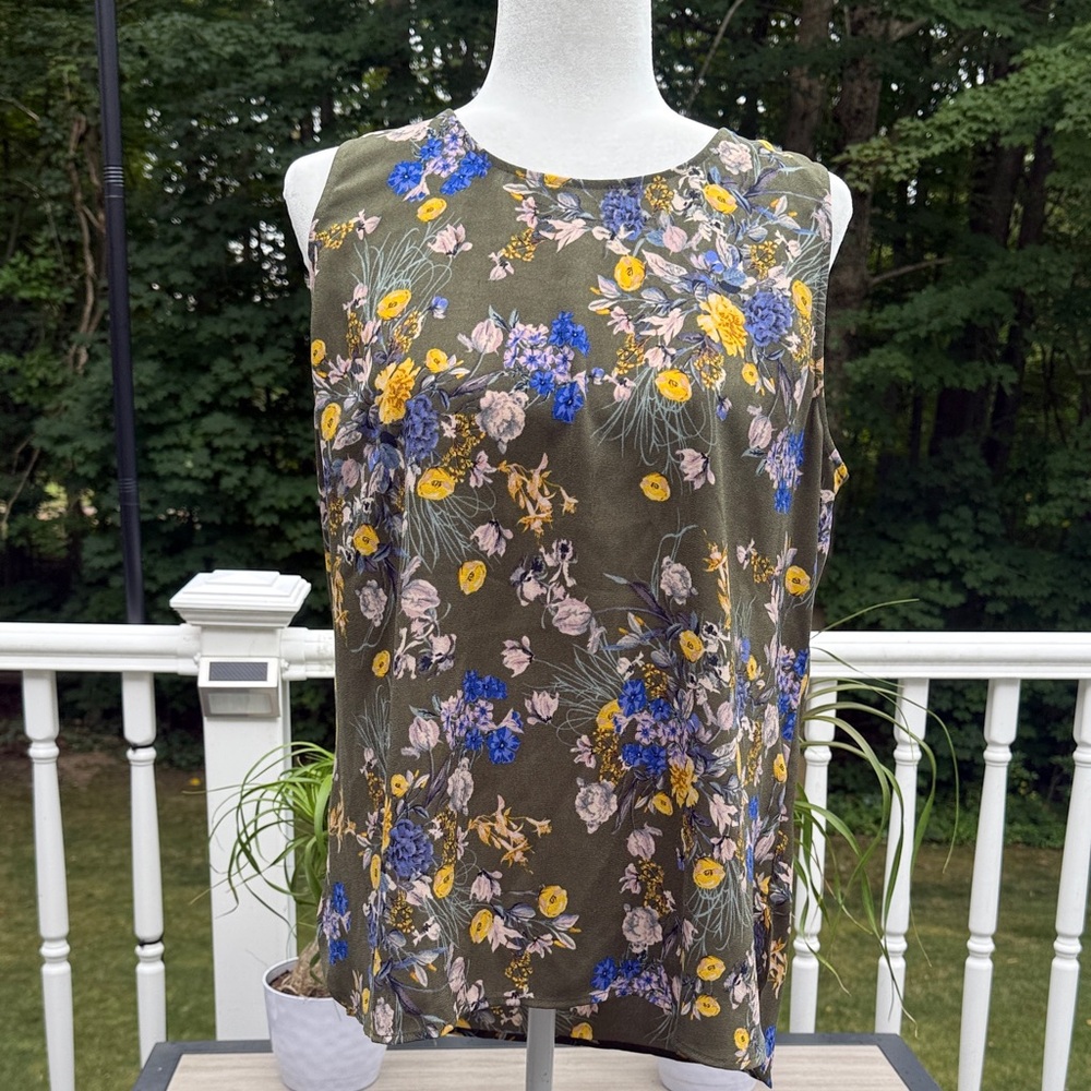 Spring garden olive green and mustard Floral Sleeveless airy flowy fairy blouse